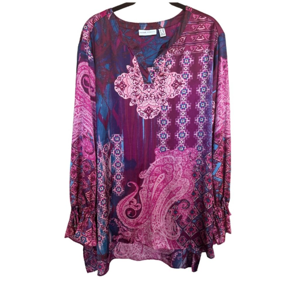 Susan Graver Silky Tunic Top Pink Paisley Print Hi Low Hem Size 2X